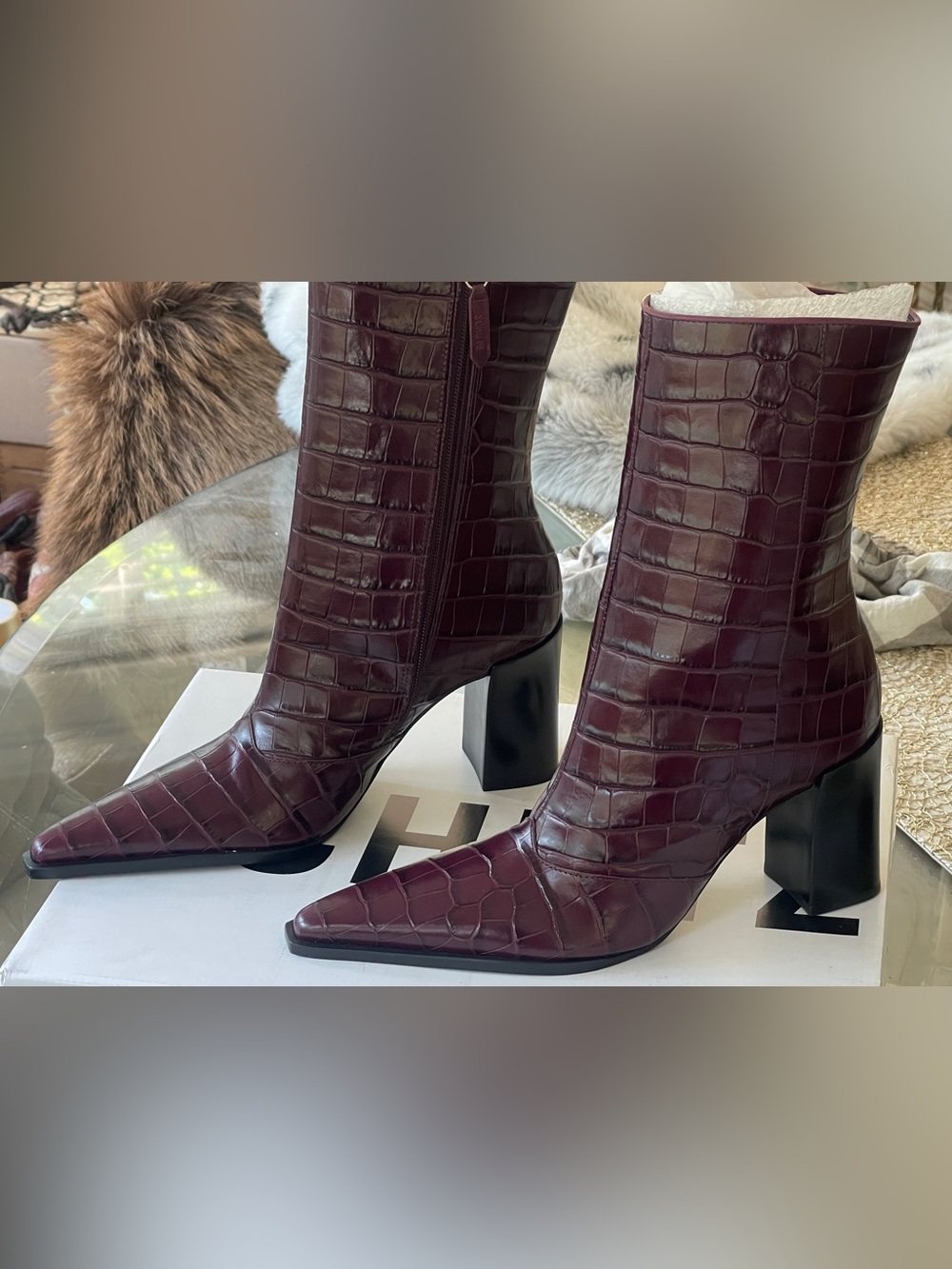 SCHUTZ - RAFFAELA -Croc-Embossed Pointed Toe Mid-Calf Leather Boots in Burgundy